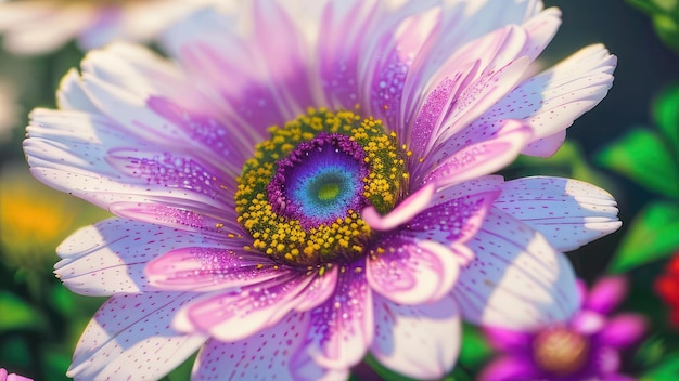 A purple flower with a yellow center and a blue center