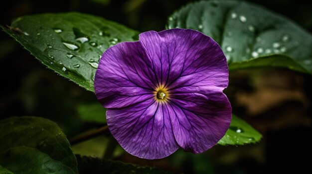 A purple flower with a yellow center is surrounded by green leaves.