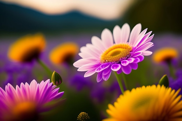 A purple flower with a yellow center is surrounded by other flowers.