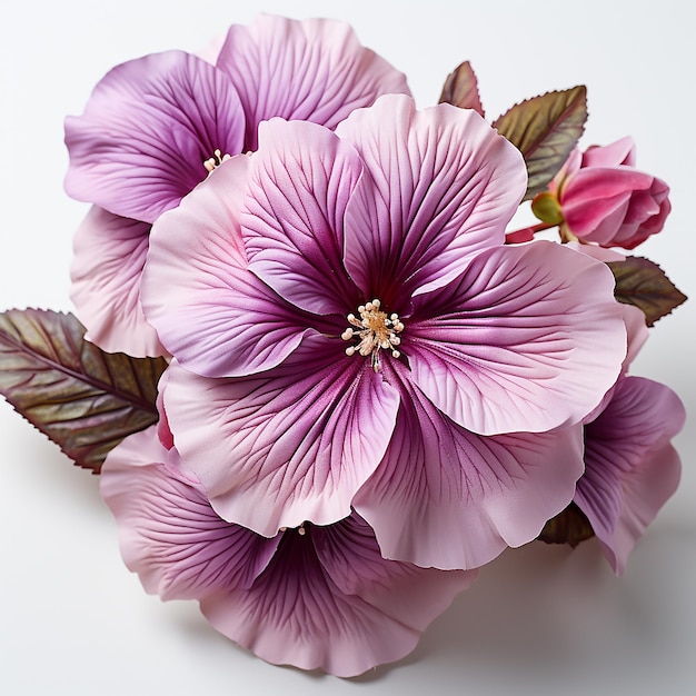 a purple flower with a yellow center and purple leaves.