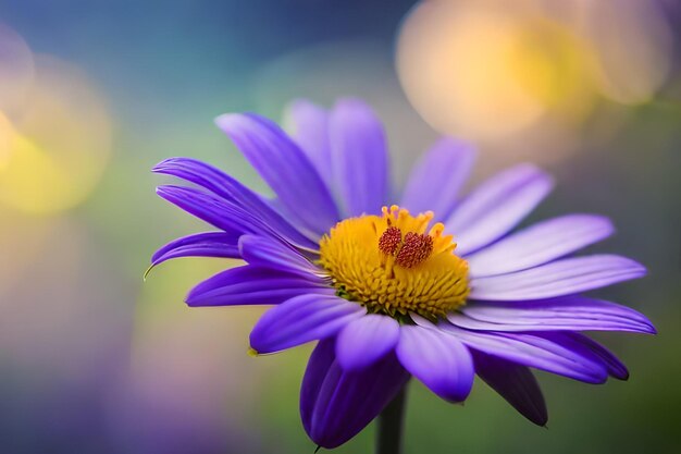 A purple flower with a yellow center that has a red spot on it