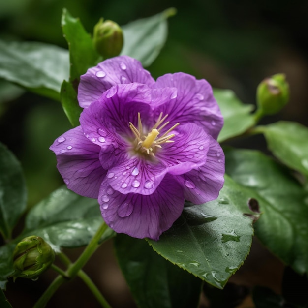 中心が黄色で中心が白い紫の花。