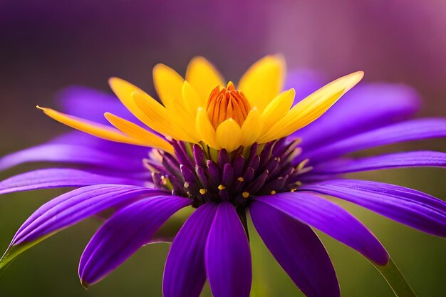 A purple flower with yellow petals and the yellow center