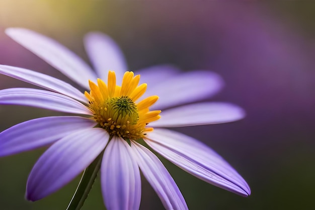 A purple flower with yellow petals and the yellow center