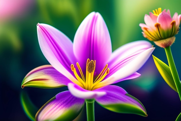 A purple flower with yellow and pink petals