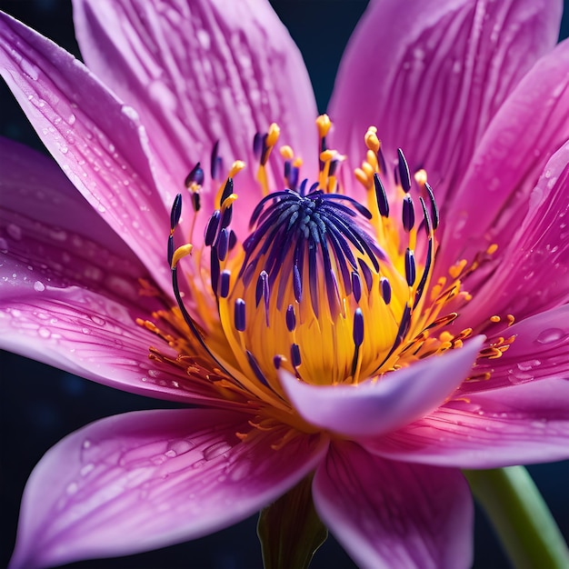 a purple flower with yellow and purple spots is shown in the center