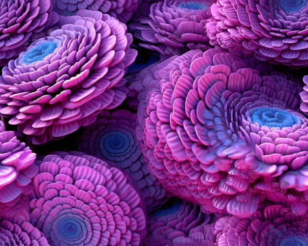 Purple flowers are arranged in a large group with blue centers generative ai