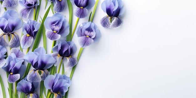 purple flowers are arranged in a row on a white surface generative ai
