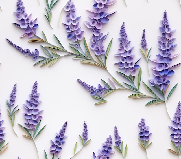 purple flowers are arranged on a white surface with green leaves generative ai