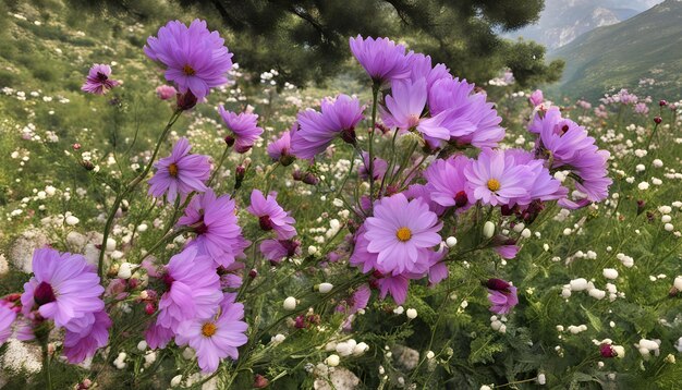 紫の花は青い空の後ろにある畑に