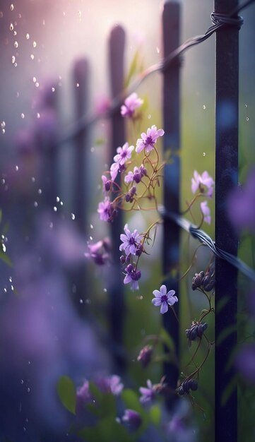 Purple flowers are growing on a fence post in fenced area generative ai