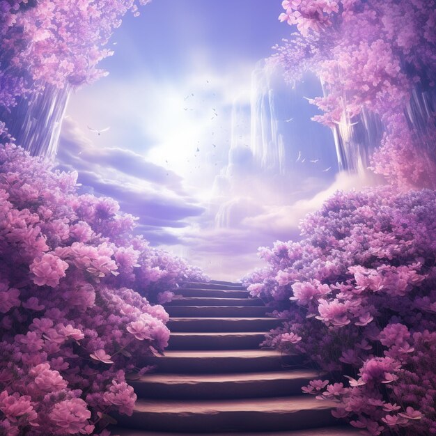 Purple flowers are growing on the steps leading to a stairway generative ai