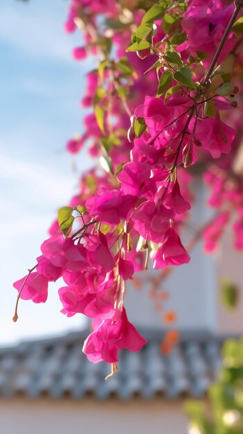 Purple flowers are hanging from a tree in front of a building generative ai