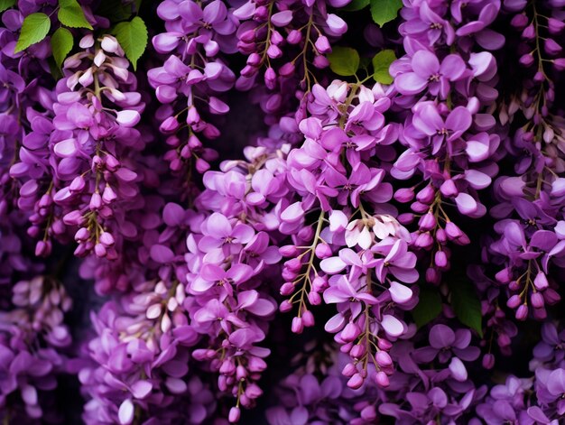 purple flowers are hanging from a tree in a garden generative ai