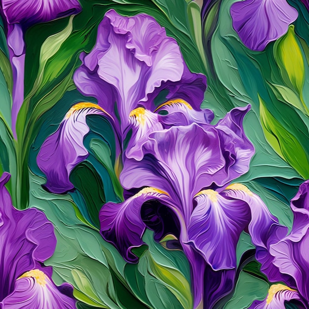 Purple flowers are painted in a painting style with green leaves generative ai