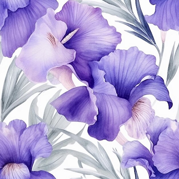 Purple flowers are painted in a watercolor style on a white background generative ai