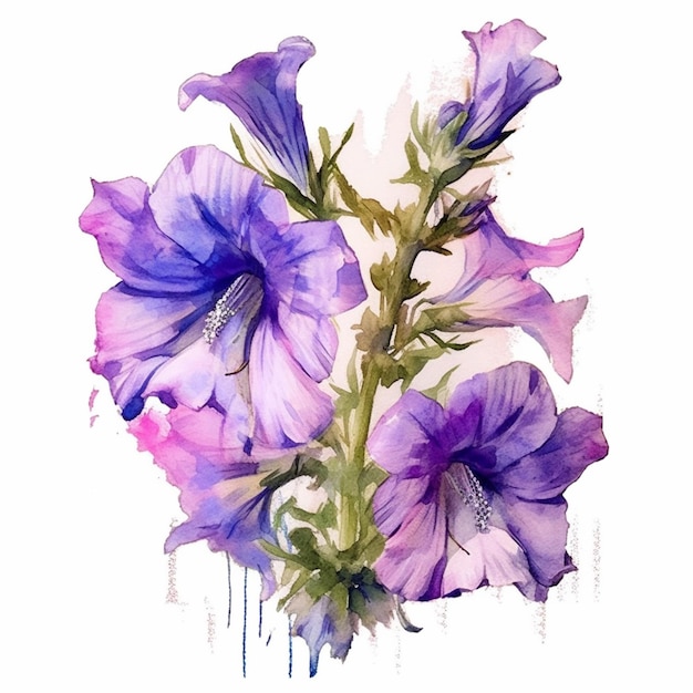 Purple flowers are painted in watercolor on a white background generative ai