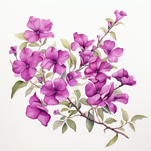 Purple flowers are painted on a white background with green leaves generative ai