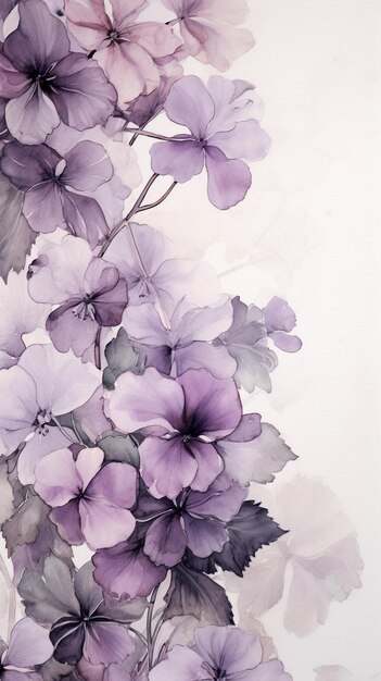 Purple flowers are painted on a white background with a white background generative ai