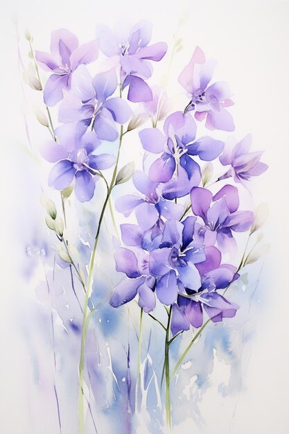 Purple flowers are in a vase with watercolor paint on it generative ai