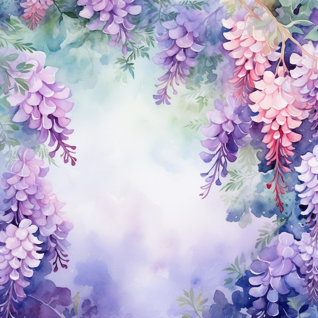 Purple flowers are in a watercolor painting style with a blue sky background generative ai