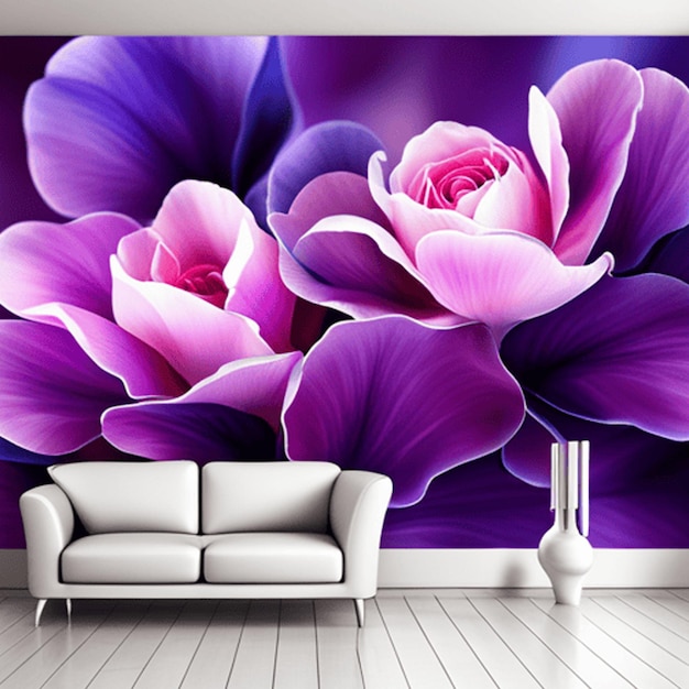 purple flowers background with white sofa