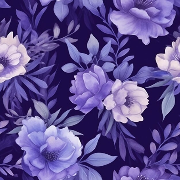 Photo purple flowers on a black background with leaves and stems generative ai