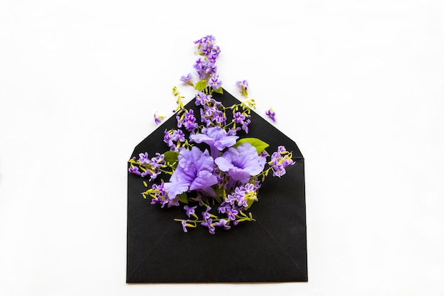 purple flowers in black envelope arrangement postcard style