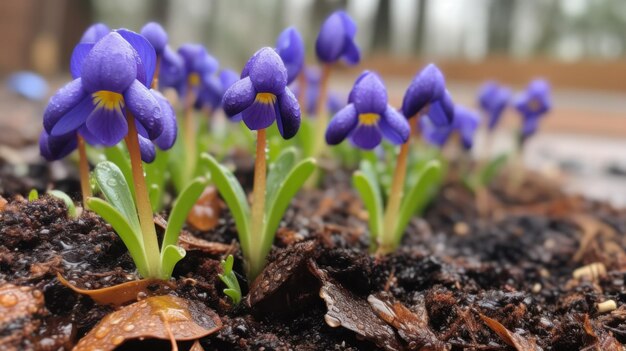 Purple flowers blooming in soil