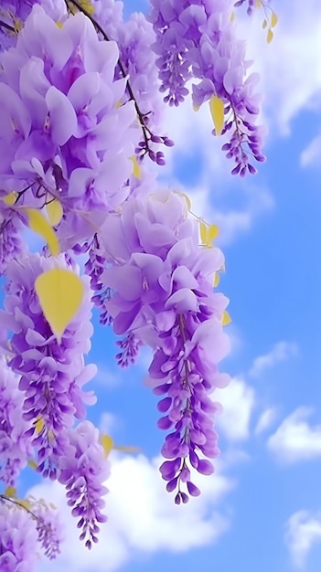 Purple flowers on a blue sky background