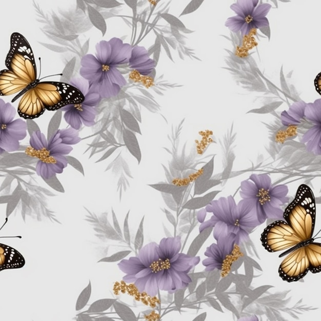 purple flowers and butterflies on a white background with a gray background generative ai