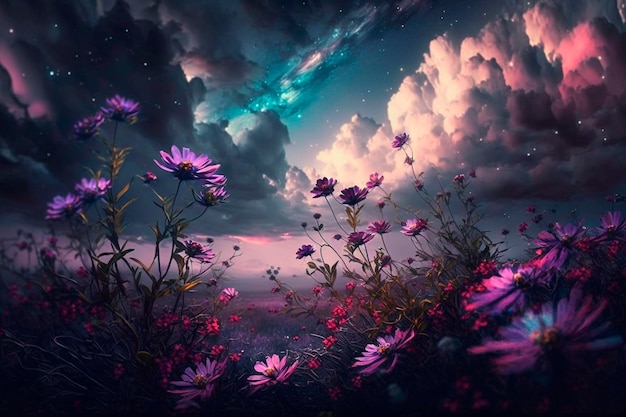 Purple flowers in a field under a cloudy sky with stars