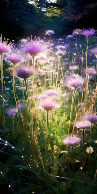 紫色の花が草の畑に太陽が葉の中を照らしているジェネレーティブ・アイ