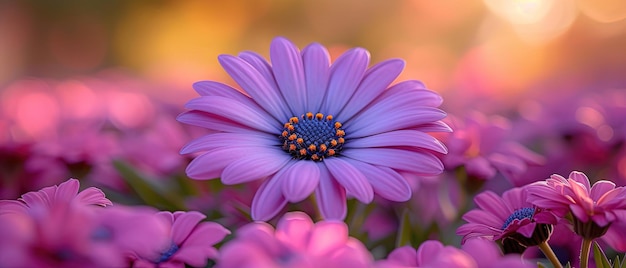 purple flowers in a field of pink flowers with a blurry background