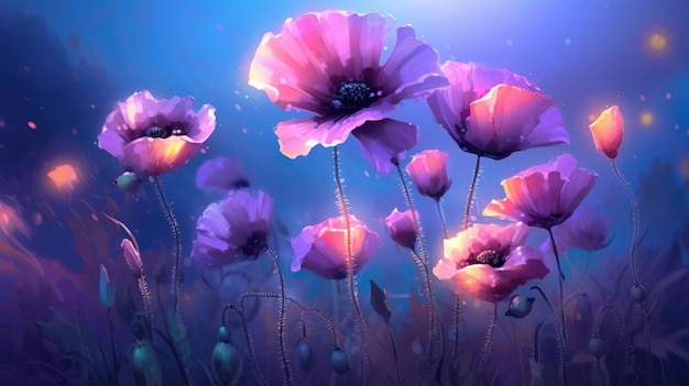 Purple flowers in a field with blue lights