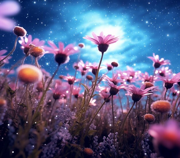 Photo purple flowers in a field with a full moon in the background generative ai