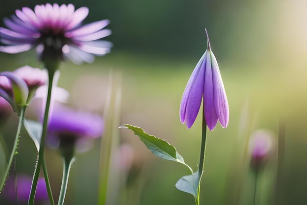 背景が緑色の野原に紫色の花