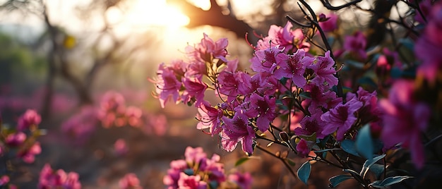 紫色の花が畑に太陽が彼らの後ろに沈んでいます