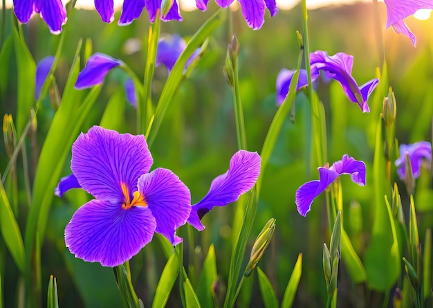 Purple flowers in a field with the sun shining on them.