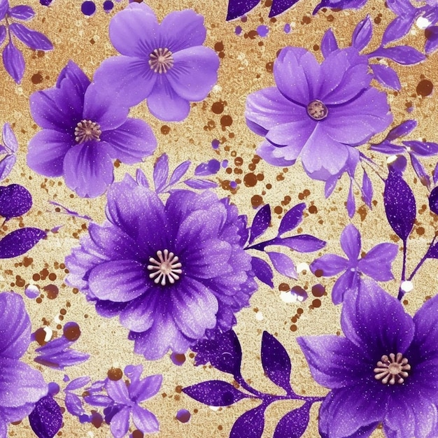 Purple flowers on a gold background with brown dots generative ai