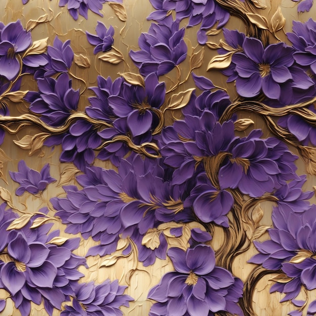 purple flowers on a gold background with gold leaves generative ai