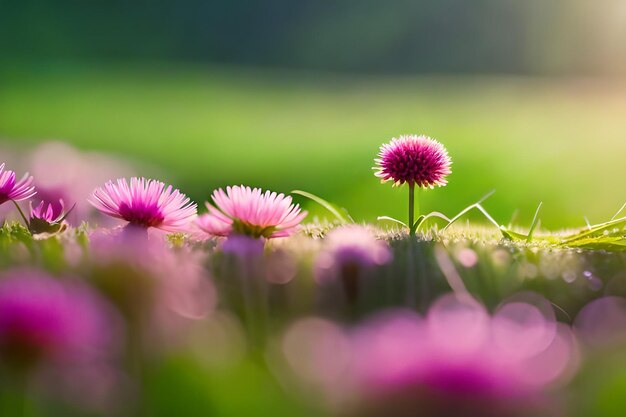 purple flowers in the grass with the sun behind them