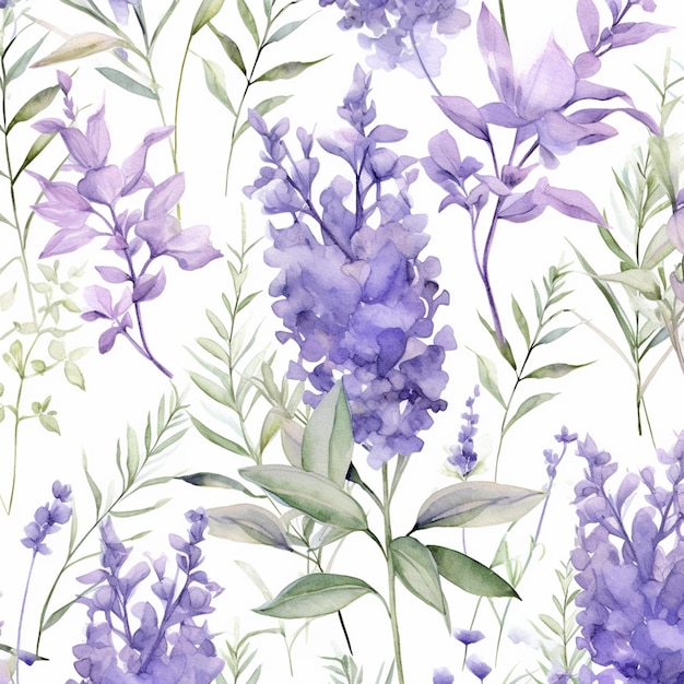 purple flowers and green leaves are painted on a white background generative ai