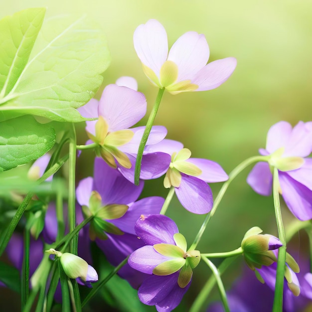 紫の花、緑の葉と茎、春の日差し