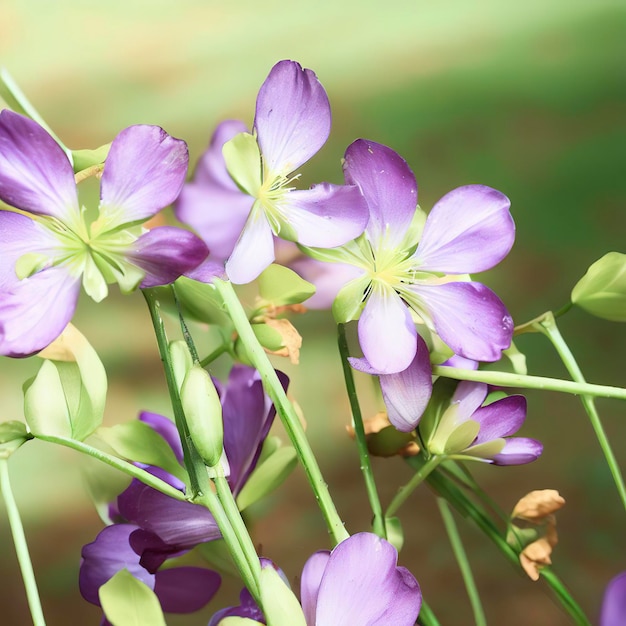 紫の花、緑の葉と茎、春の日差し