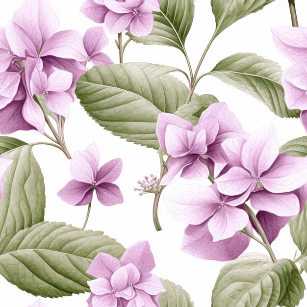 purple flowers and green leaves on a white background generative ai