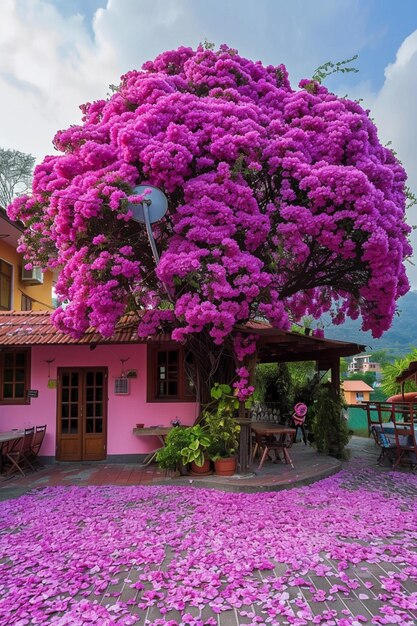 purple flowers on the ground in front of a pink house generative ai