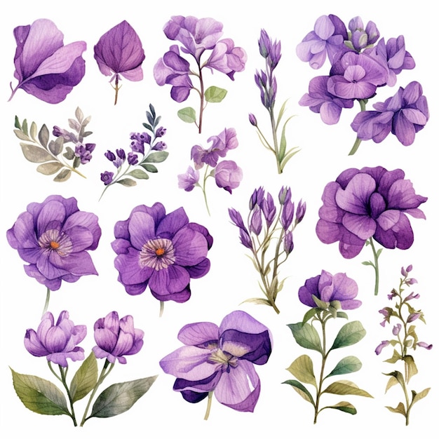 purple flowers and leaves are arranged in a pattern generative ai