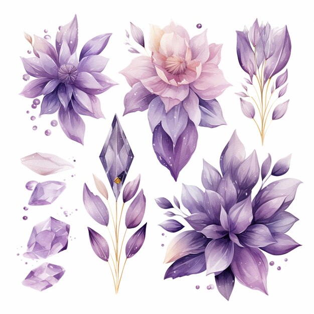 purple flowers and leaves are arranged in a pattern on a white background generative ai