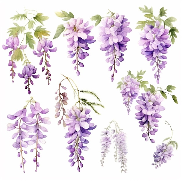 Photo purple flowers and leaves are arranged on a white background generative ai